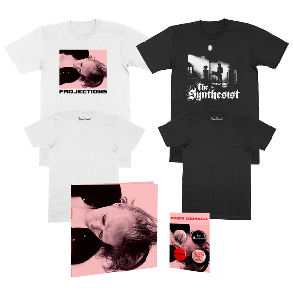 Synthesist Black T-Shirt & Portrait White T-Shirt & Badge Set Projections Red LP Bundle